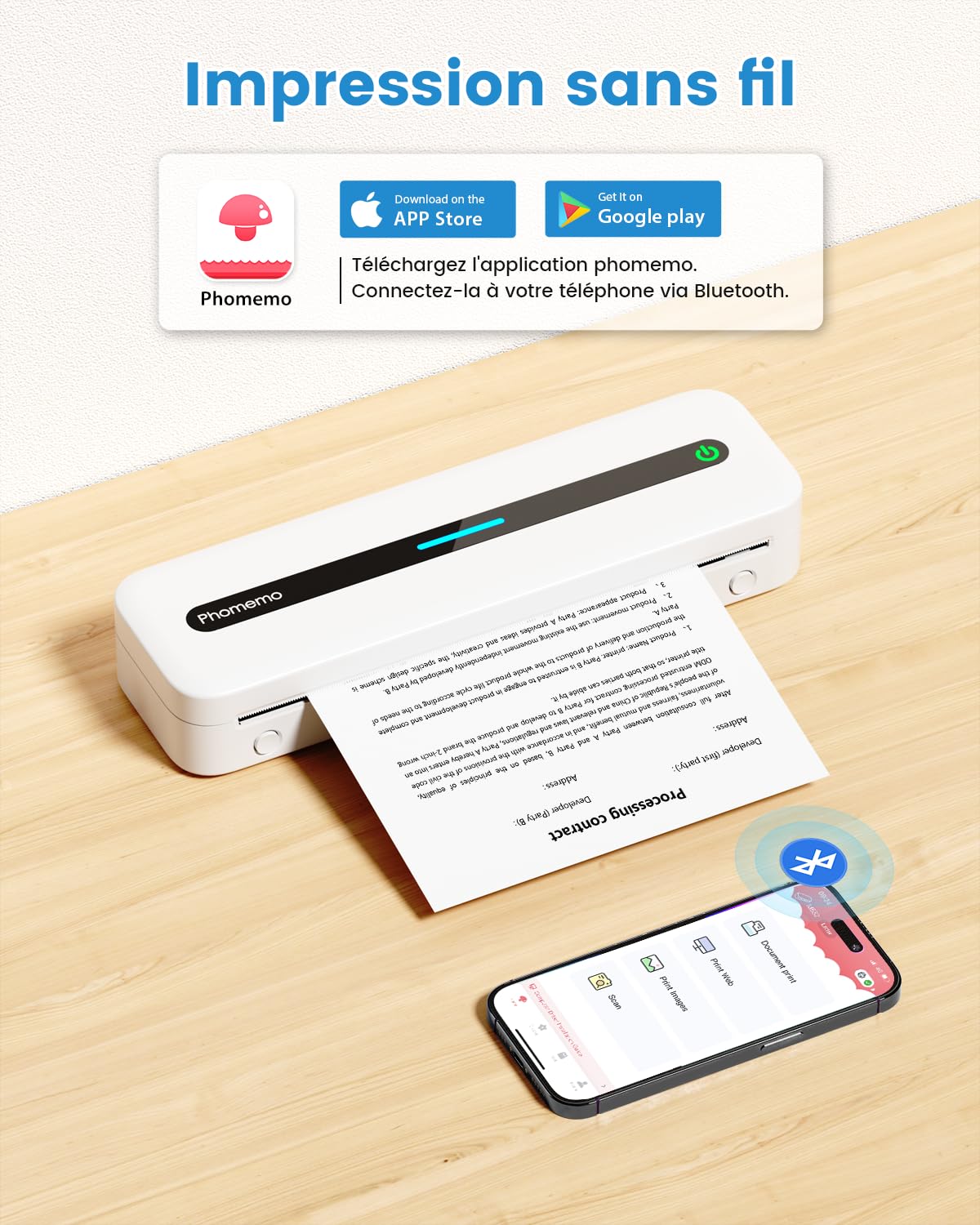 COLORWING Mobiele printer, M832 thermische printer voor A4-thermisch papier, bluetooth-printer, klein, compact, voor iPhone en Android, draagbare printer, thermische printer, inktloze printer, wit