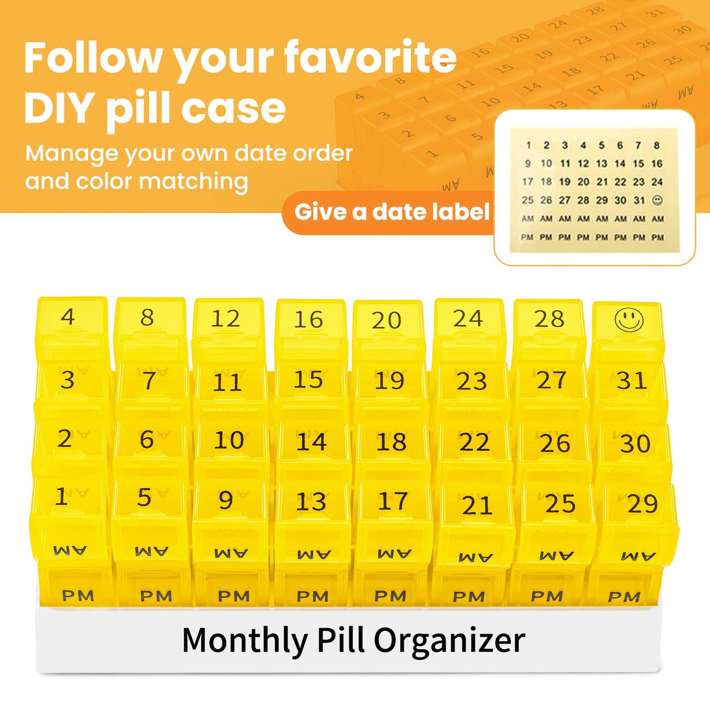 Monthly Pill Organizer 2 Times a Day, One Month Pill Box AM PM, 30 Day Pill Case Small Compartments to Hold Vitamin and Travel Medicine Organizer, 31 Day Pill Organizer, 4 Week Pill Cases (Yellow)