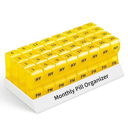 Monthly Pill Organizer 2 Times a Day, One Month Pill Box AM PM, 30 Day Pill Case Small Compartments to Hold Vitamin and Travel Medicine Organizer, 31 Day Pill Organizer, 4 Week Pill Cases (Yellow)