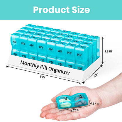 Monthly Pill Organizer 2 Times a Day, One Month Pill Box AM PM, 30 Day Pill Case Small Compartments to Hold Vitamin and Travel Medicine Organizer, 31 Day Pill Organizer, 4 Week Pill Cases(Cyan)