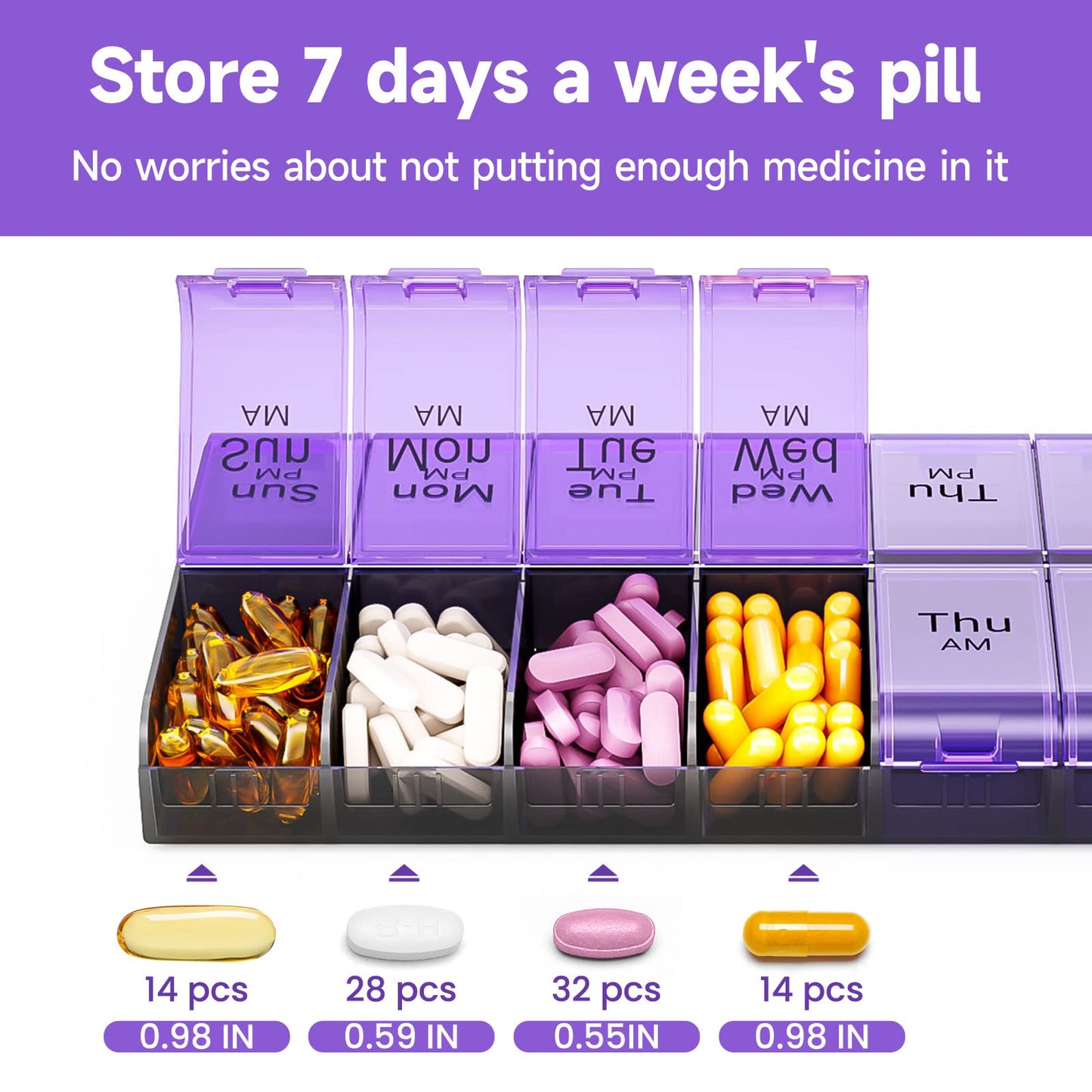 Weekly AM PM Extra Large Pill Organizer, 7 Day Pill Case 2 Times a Day, XL Day Night Pill Case Twice a Day, Oversized Daily Medicine Organizer for Vitamin, Pill Container (Purple)