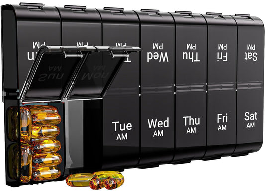 7 Day Extra Large Pill Organizer 2 Times a Day, Weekly Pill Box Twice a Day, XL AM PM Pill Case, Oversized Daily Medicine Organizer for Vitamin, Big Pill Container (Black)