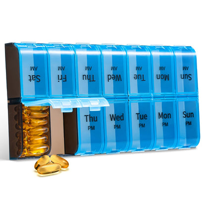 Extra Large Pill Organizer 2 Times a Day, Weekly XL AM PM Pill Case, 7 Day Pill Box Twice a Day, Oversized Daily Medicine Organizer for Vitamins (Blue)