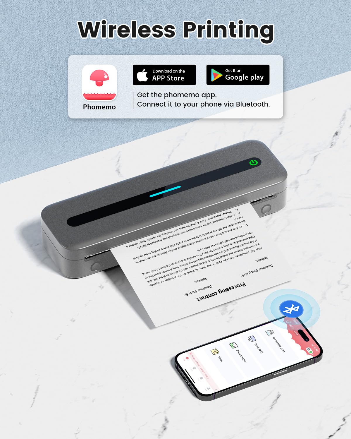 COLORWING Thermische Printer A4,M832 Draadloze Bluetooth Mobile Printer,Inktloze Printer Compatibel met Android en iOS,Bluetooth-printer,Klein,Compact,Grijs