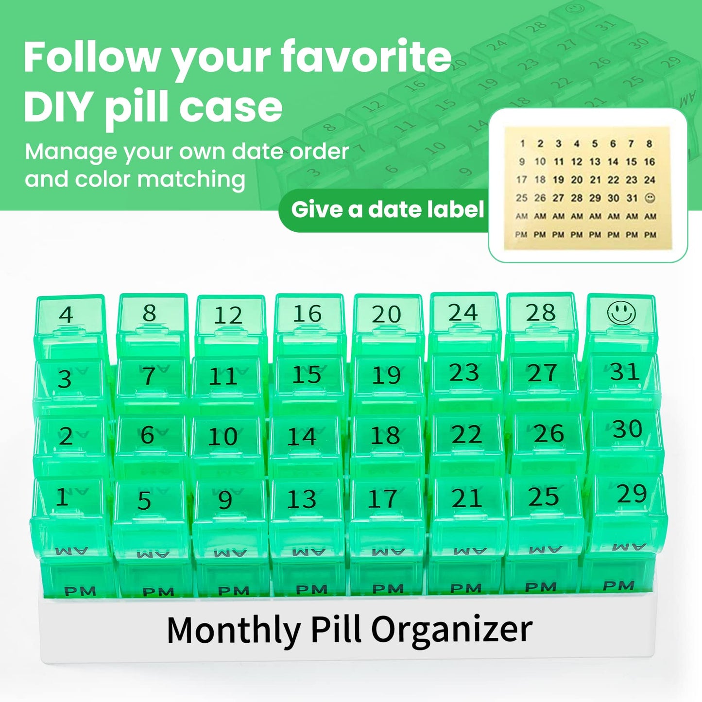 Monthly Pill Organizer 2 Times a Day, One Month Pill Box AM PM, 30 Day Pill Case Small Compartments to Hold Vitamin and Travel Medicine Organizer, 31 Day Pill Organizer, 4 Week Pill Cases (Green)