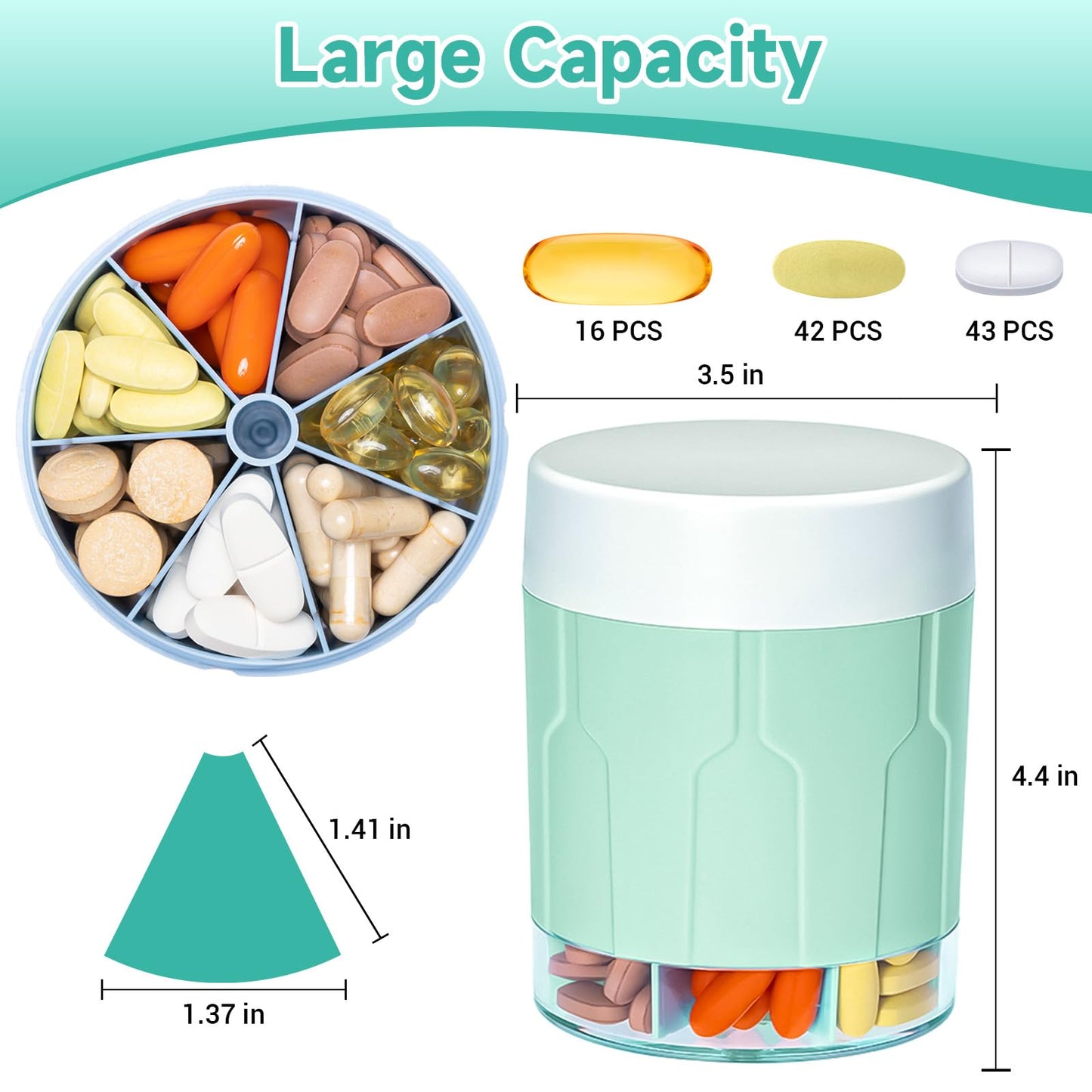 Weekly Travel Pill Organizer, Daily Supplement Organizer with 7 Large Compartments, Pill Box Case Easy to Use, Large Vitamin Dispenser, Multifunction Pill Storage Hold for Medication (Cyan)