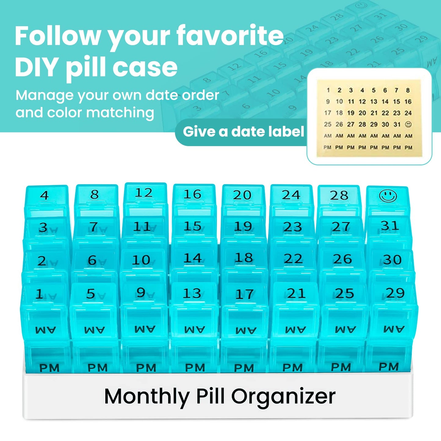 Monthly Pill Organizer 2 Times a Day, One Month Pill Box AM PM, 30 Day Pill Case Small Compartments to Hold Vitamin and Travel Medicine Organizer, 31 Day Pill Organizer, 4 Week Pill Cases(Cyan)