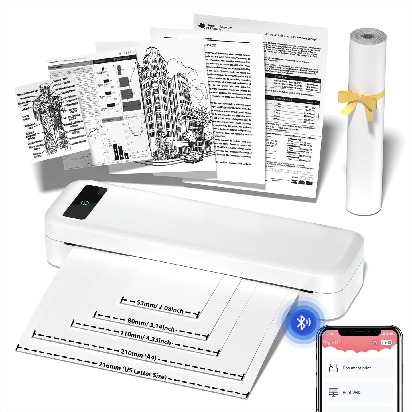 COLORWING M835 Mobiler Drucker A4 für Unterwegs,300DPI Drucker Klein Kompakt,Tragbarer Drucker für Handy,Thermo Drucker Bluetooth,Portable Printer Kompatibel mit Android/iOS/Laptop,Weiß