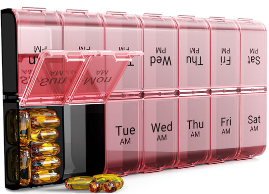 COLORWING AM PM Extra Large Pill Organizer, XL 7 Day Pill Organizer 2 Times a Day, Weekly Daily Pill Case, Day Night Oversized Medicine Box, Vitamin Holder, Big Pill Container (Pink)