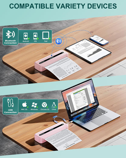 COLORWING M832 Portable Printers Wireless for Travel, 300DPI Mini Compact Inkless Printer, Thermal Bluetooth Printer Compatible with Android and iOS Smartphone & Tablet & Laptop - Pink