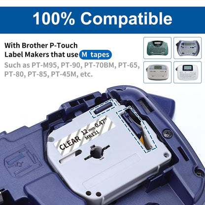 COLORWING M-K131 Clear Tape Compatible Brother P Touch M Tape Clear 12mm 0.47'' M-131 MK131 for Brother Ptouch PT-M95 PT-90 PT-70 PT-65 PT-85 PT-45 Label Maker Refills, 4-Pack